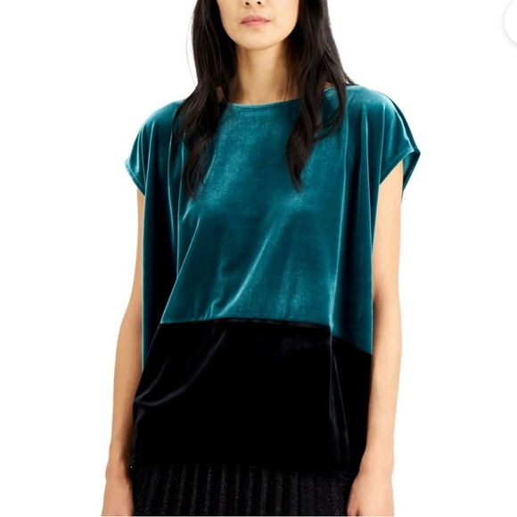 Alfani Teal Color Block Cap Sleeve Boat Neck Top S/XL - Picture 4 of 6